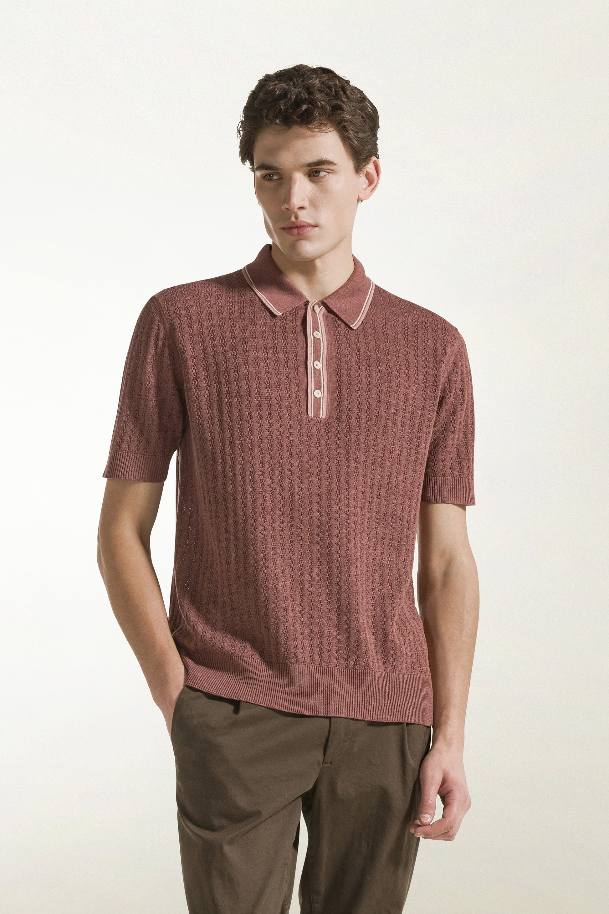 Silk and linen polo shirt in antique pink and powder pink | PIACENZA 1733