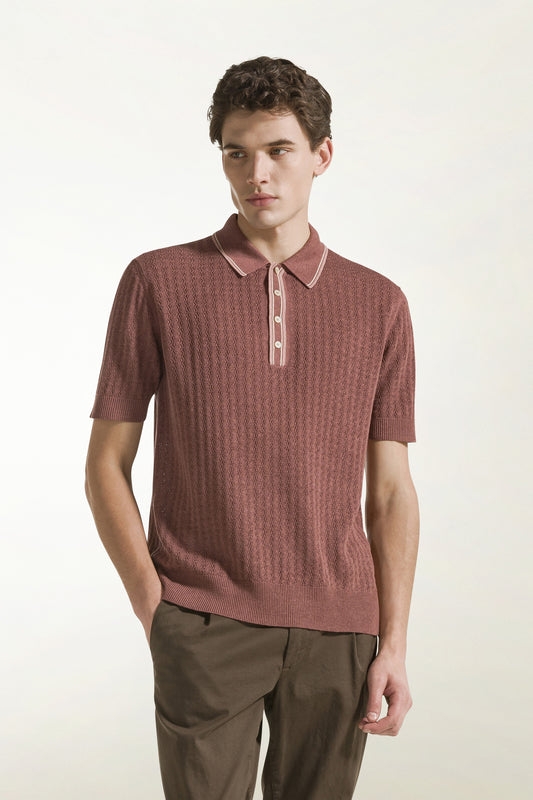 Silk and linen polo shirt in antique pink and powder pink - Men's Polo Shirts | PIACENZA 1733