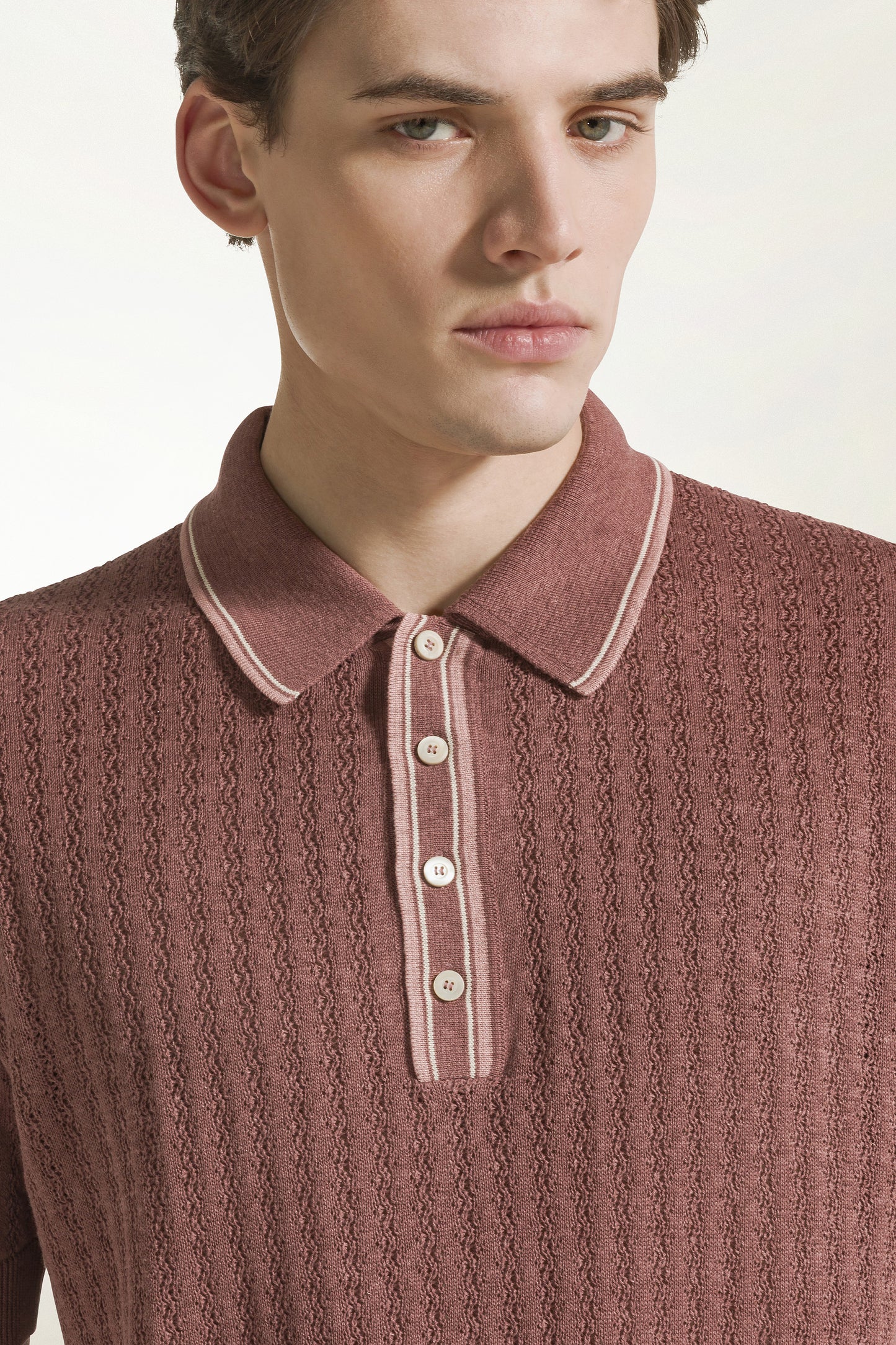 Silk and linen polo shirt in antique pink and powder pink