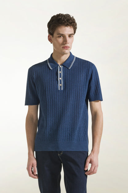 Blue and light blue silk and linen polo shirt | PIACENZA 1733