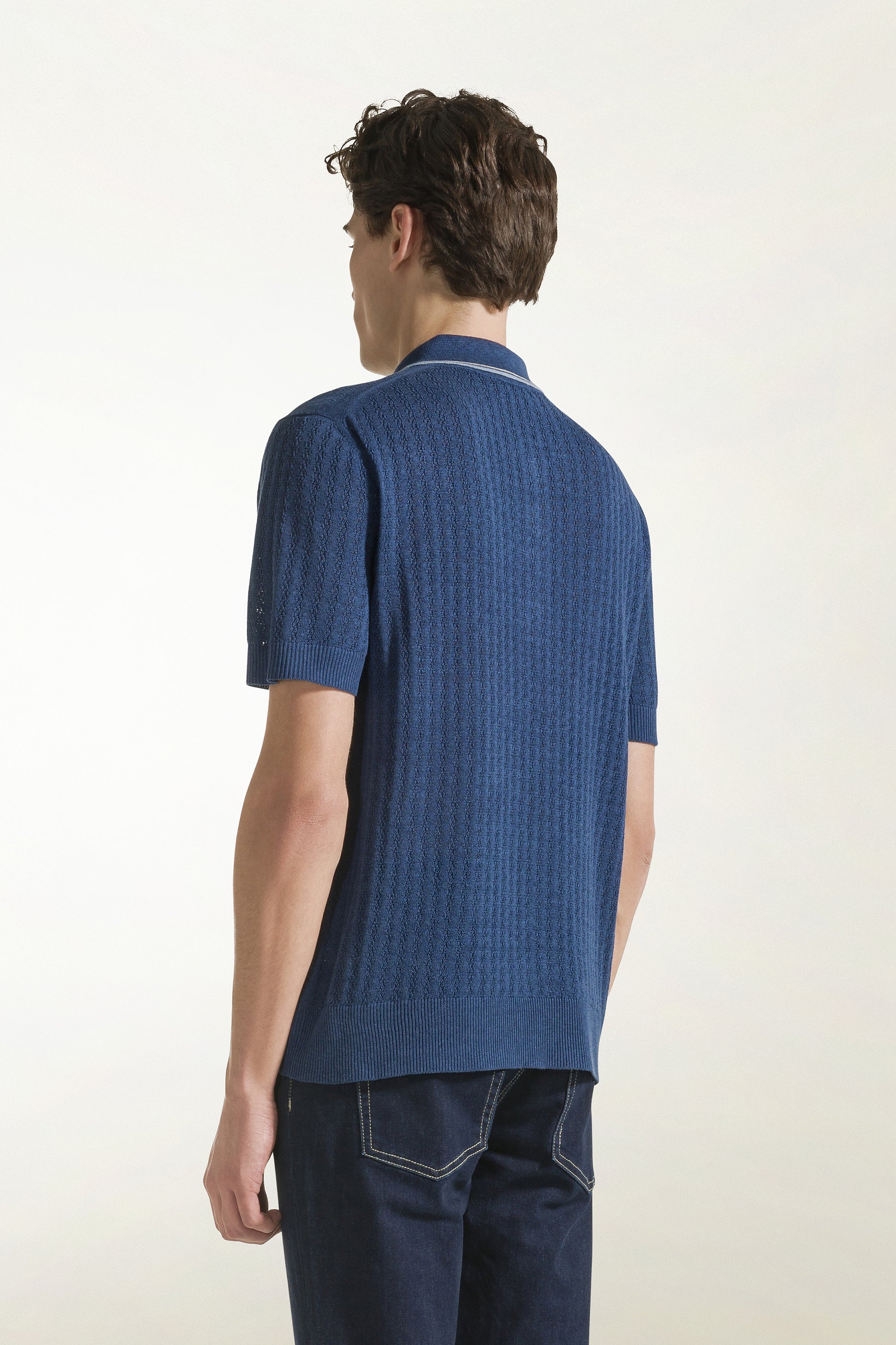 Blue and light blue silk and linen polo shirt | PIACENZA 1733