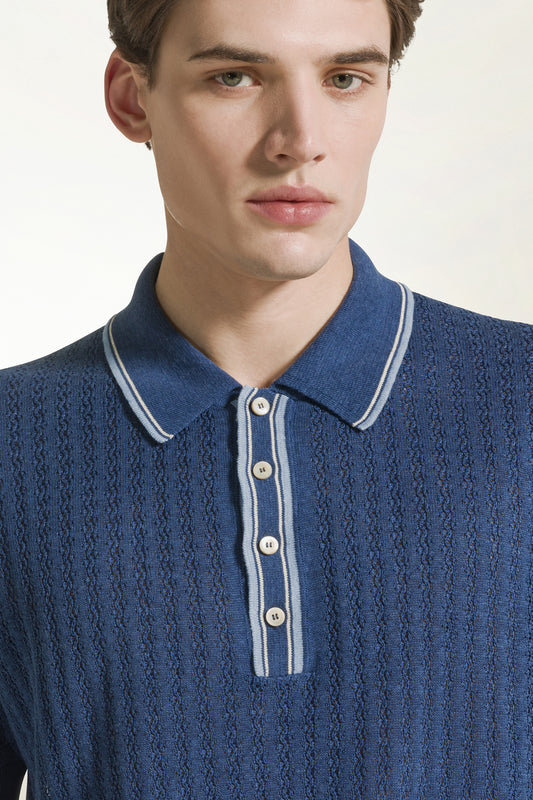 Blue and light blue silk and linen polo shirt - Silk Linen | PIACENZA 1733