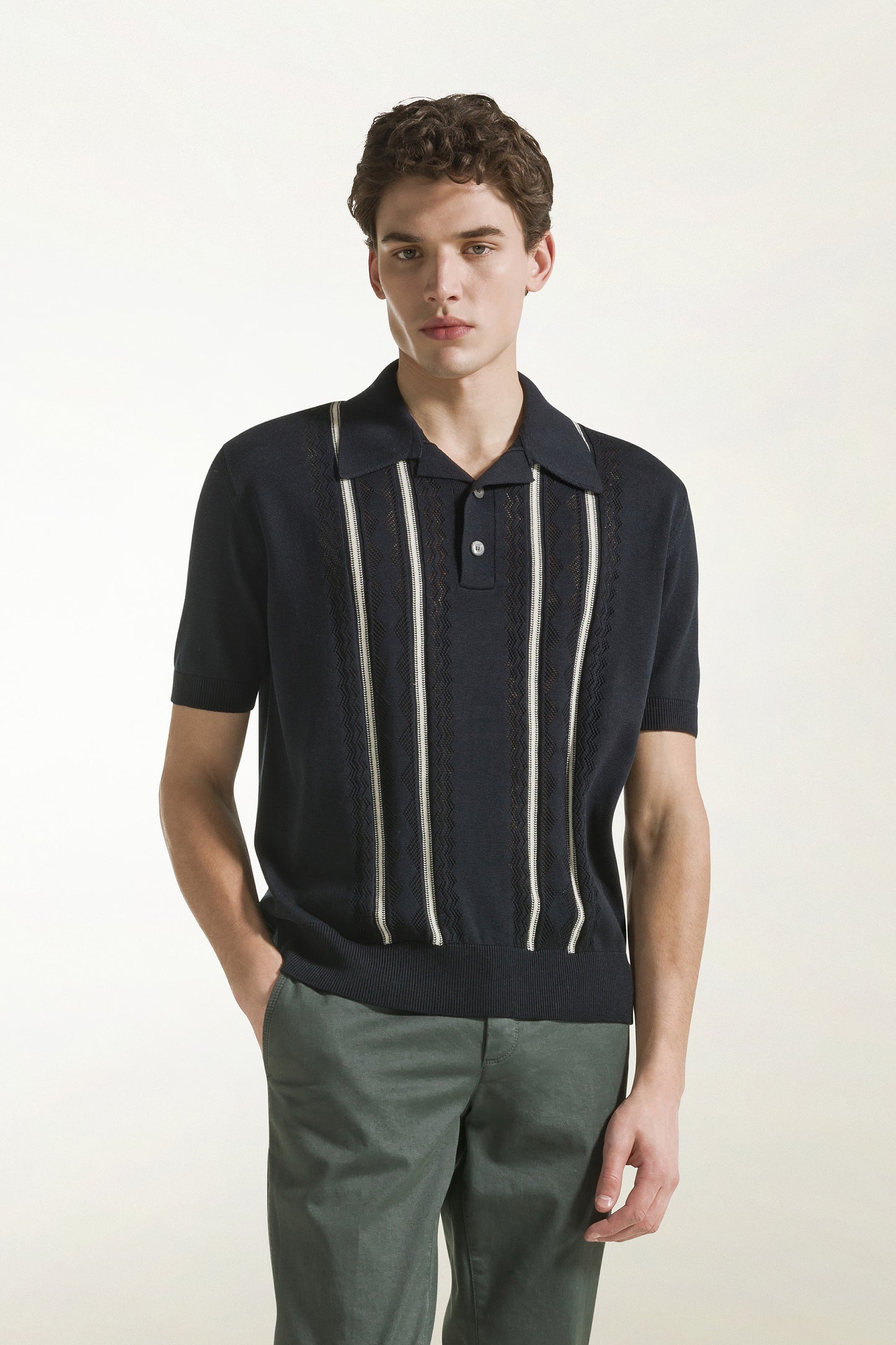 Dark blue silk and cotton polo shirt