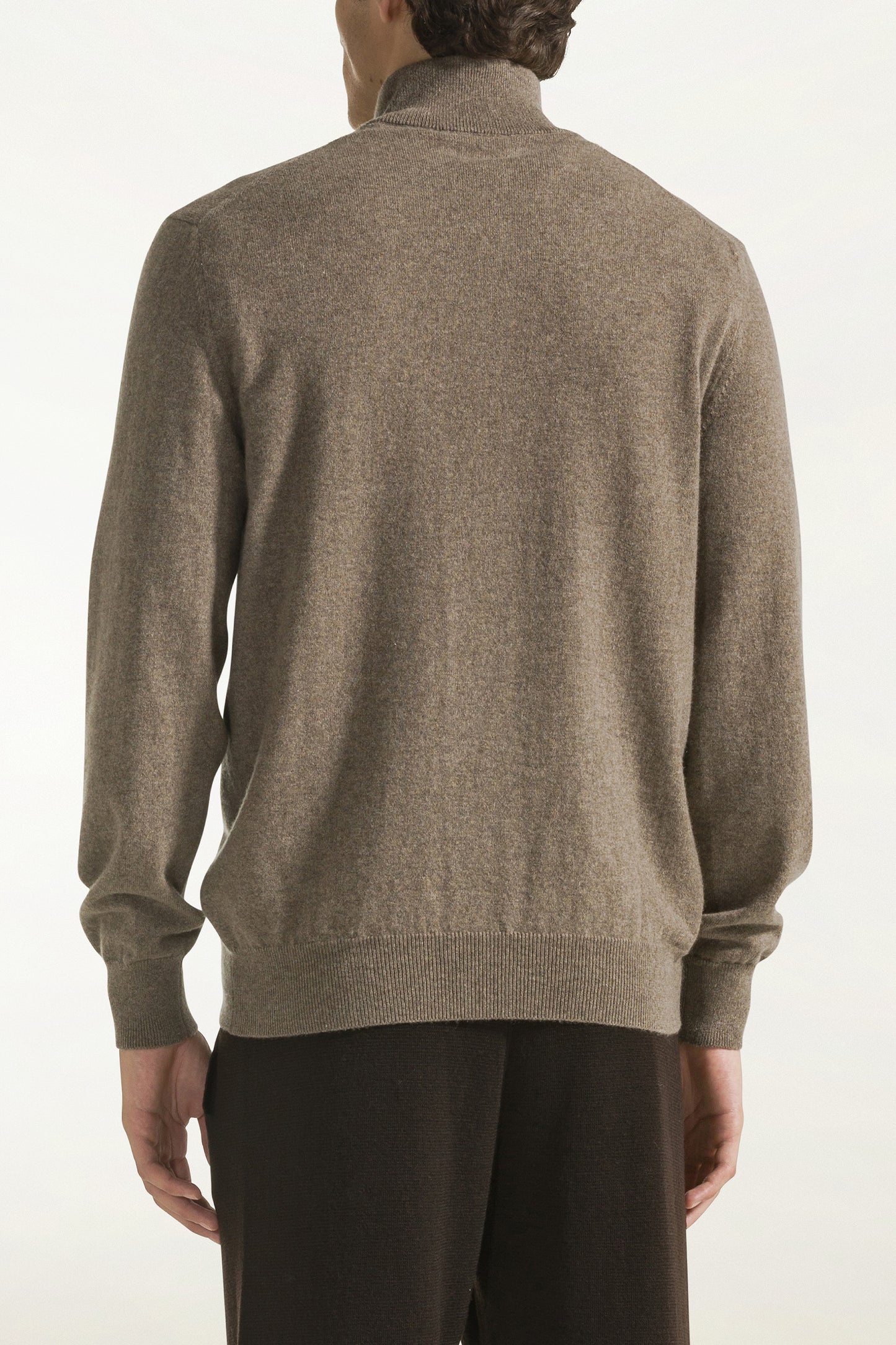 Hazelnut-colored cashmere zip-up turtleneck