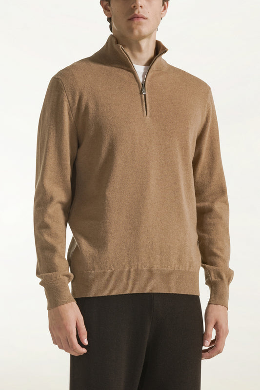 Camel-colored cashmere zip-up turtleneck - Knitwear | PIACENZA 1733