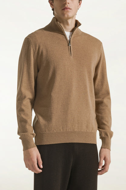 Camel-colored cashmere zip-up turtleneck | PIACENZA 1733