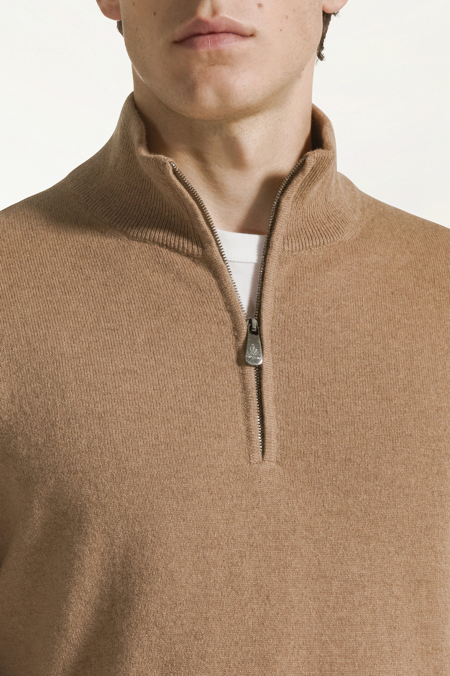 Camel-colored cashmere zip-up turtleneck