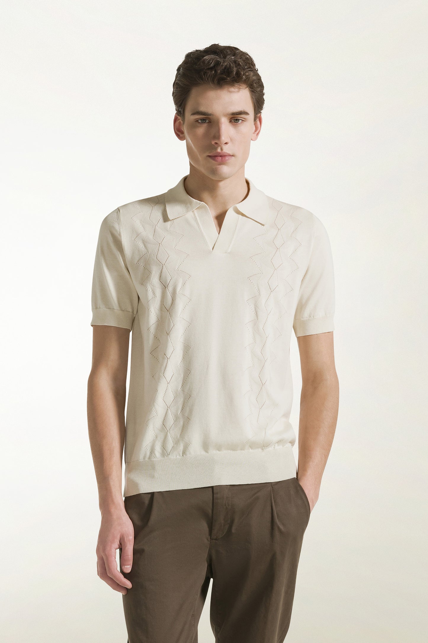 Cream-colored silk and cotton polo shirt