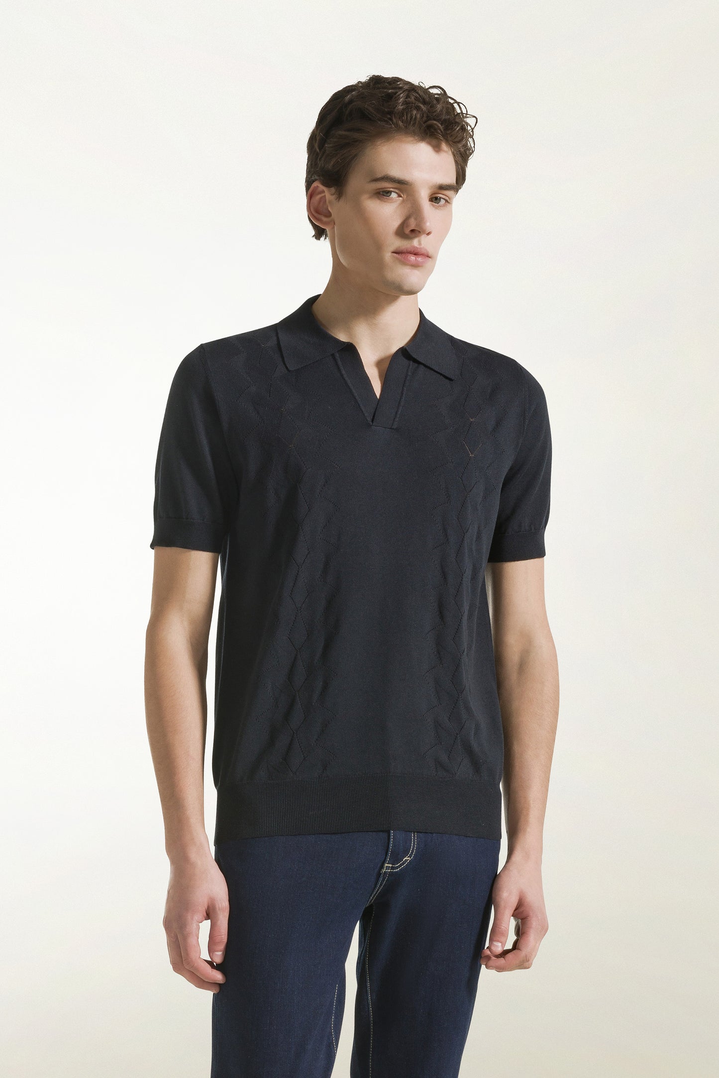 Dark blue silk and cotton polo shirt