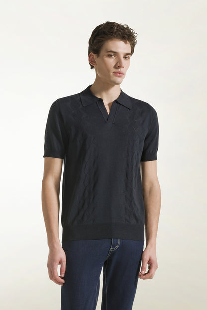 Dark blue silk and cotton polo shirt | PIACENZA 1733