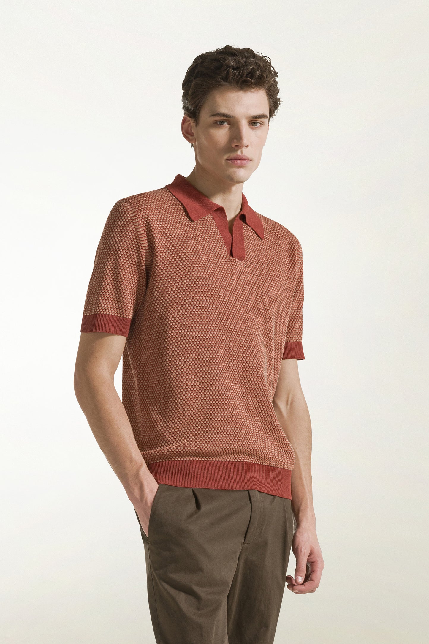 Brick and orange silk and linen polo shirt