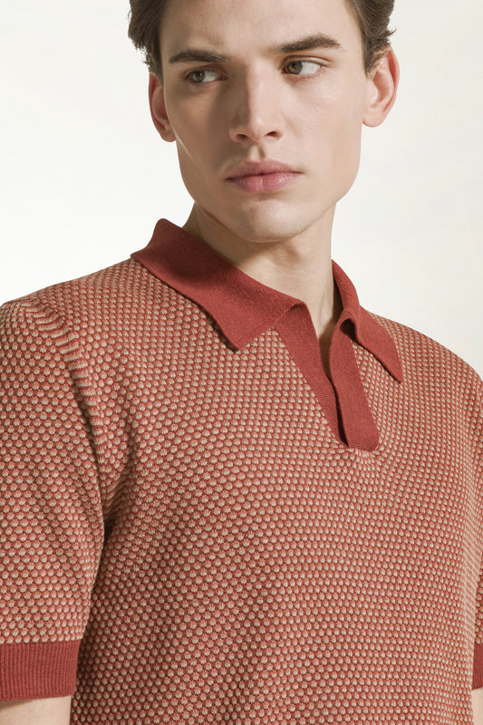 Brick and orange silk and linen polo shirt - Men's Polo Shirts | PIACENZA 1733