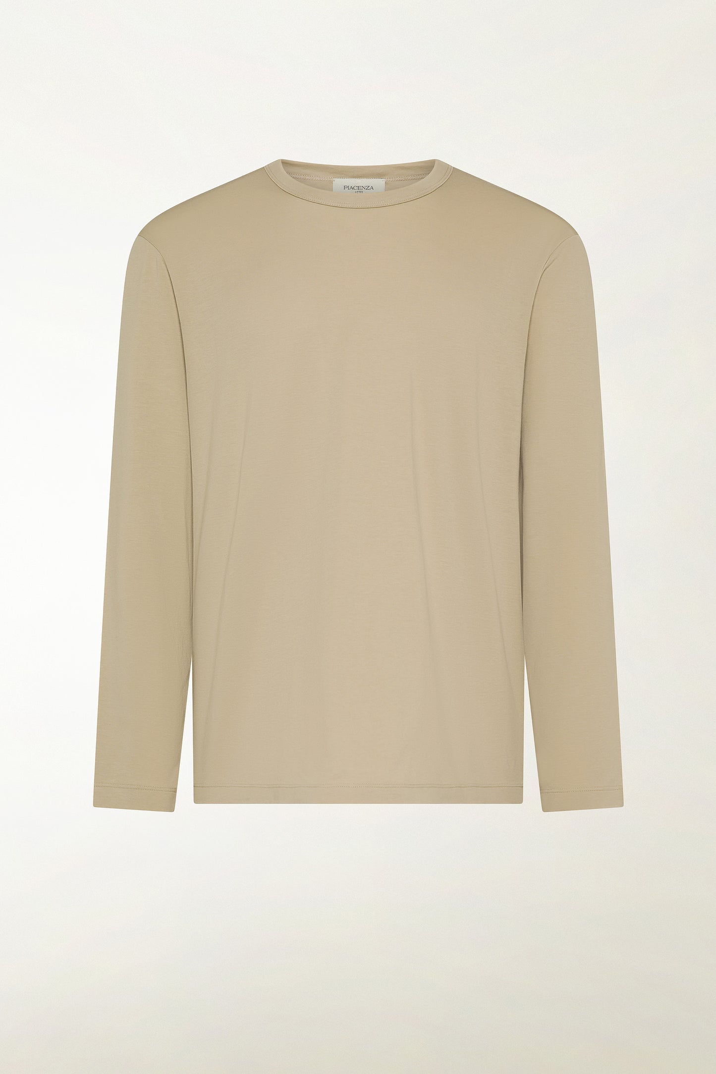 Beige long-sleeved cotton crewneck