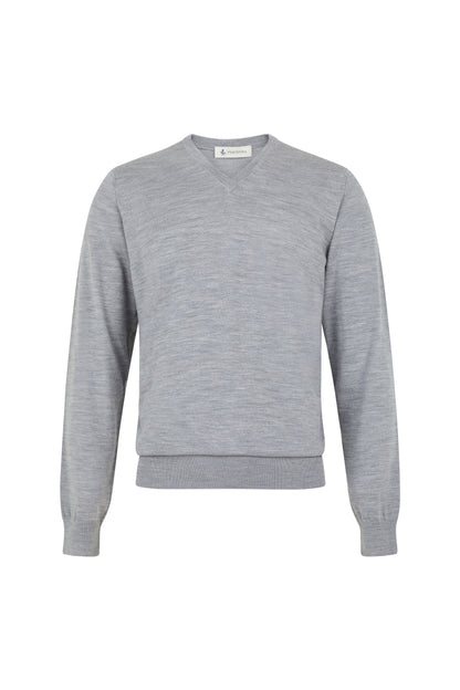 Scollo a V grigio leggera 100% lana sostenibile e tracciabile
